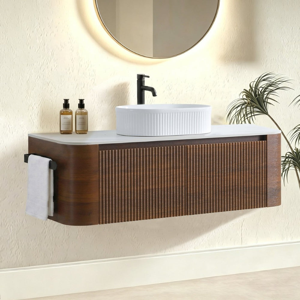 English Elm Erba 48 Inch Fluted Wall Mount Bathroom Vanity with Oval Ceramic Basin and Towel Rack Walnut White W1865S00278