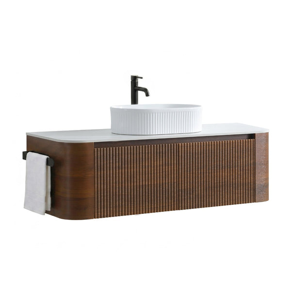 English Elm Erba 48 Inch Fluted Wall Mount Bathroom Vanity with Oval Ceramic Basin and Towel Rack Walnut White W1865S00278