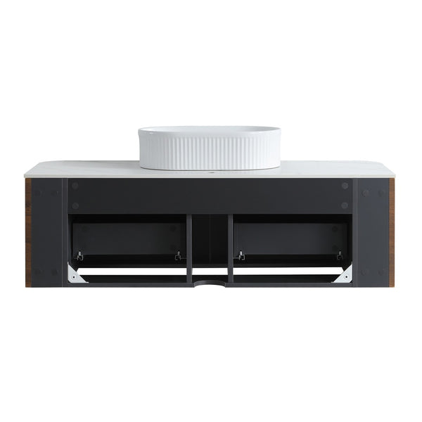 English Elm Erba 48 Inch Fluted Wall Mount Bathroom Vanity with Oval Ceramic Basin and Towel Rack Walnut White W1865S00278