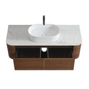 English Elm Erba 48 Inch Fluted Wall Mount Bathroom Vanity with Oval Ceramic Basin and Towel Rack Walnut White W1865S00278