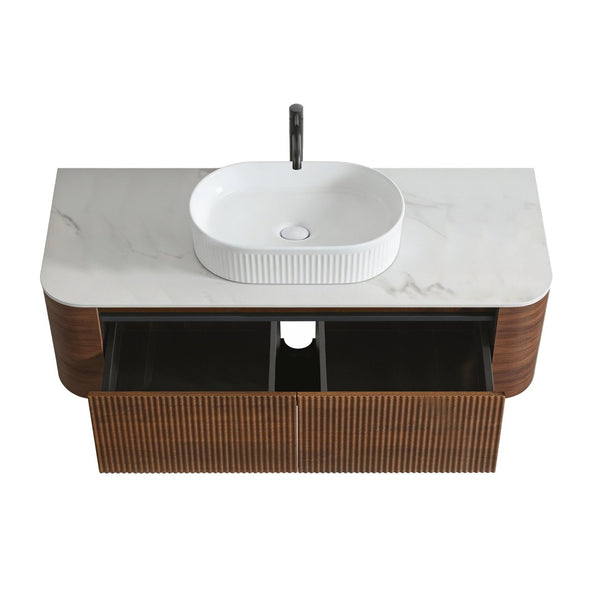 English Elm Erba 48 Inch Fluted Wall Mount Bathroom Vanity with Oval Ceramic Basin and Towel Rack Walnut White W1865S00278