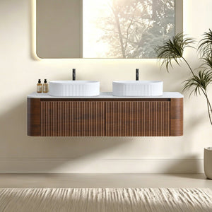 English Elm Erba 60 Inch Double Sink Bathroom Vanity Fluted Panels Oval Ceramic Basins Spa Style Walnut White W1865S00279