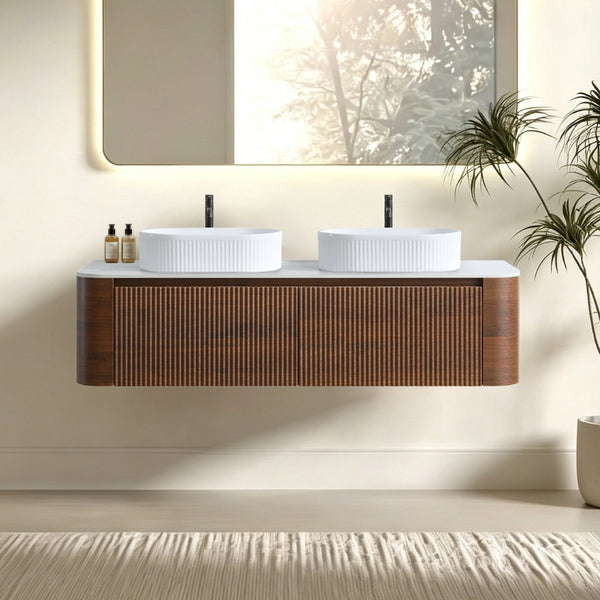 English Elm Erba 60 Inch Double Sink Bathroom Vanity Fluted Panels Oval Ceramic Basins Spa Style Walnut White W1865S00279