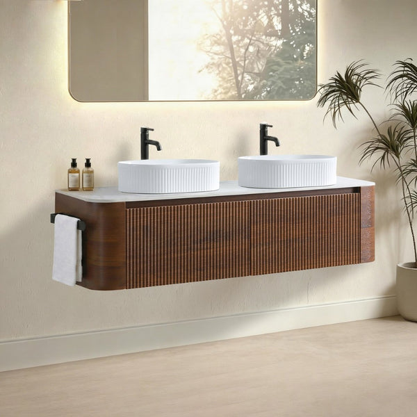 English Elm Erba 60 Inch Double Sink Bathroom Vanity Fluted Panels Oval Ceramic Basins Spa Style Walnut White W1865S00279