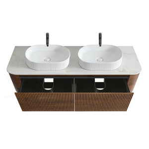 English Elm Erba 60 Inch Double Sink Bathroom Vanity Fluted Panels Oval Ceramic Basins Spa Style Walnut White W1865S00279