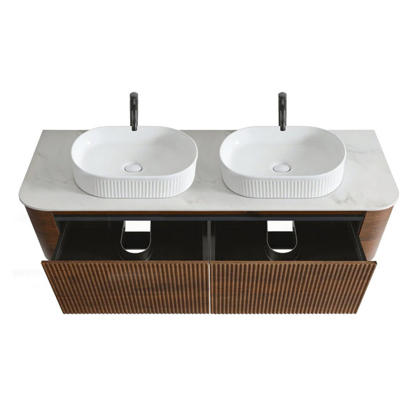 English Elm Erba 60 Inch Double Sink Bathroom Vanity Fluted Panels Oval Ceramic Basins Spa Style Walnut White W1865S00279