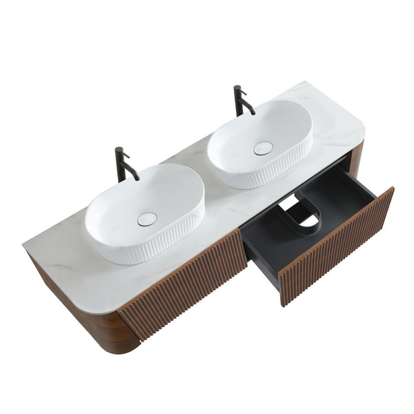 English Elm Erba 60 Inch Double Sink Bathroom Vanity Fluted Panels Oval Ceramic Basins Spa Style Walnut White W1865S00279