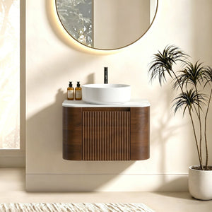 English Elm Erba 24 Inch Fluted Wall Mounted Vanity with Ceramic Sink and Soft Close Drawer Walnut W1865S00281