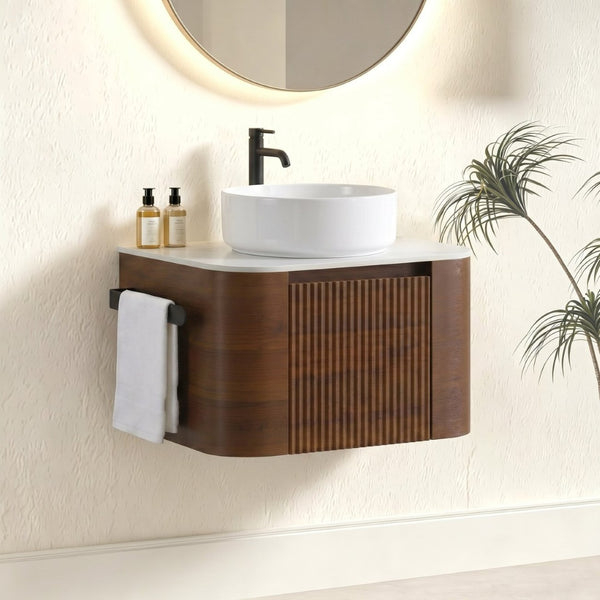 English Elm Erba 24 Inch Fluted Wall Mounted Vanity with Ceramic Sink and Soft Close Drawer Walnut W1865S00281