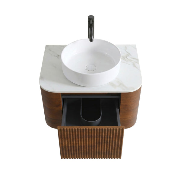 English Elm Erba 24 Inch Fluted Wall Mounted Vanity with Ceramic Sink and Soft Close Drawer Walnut W1865S00281