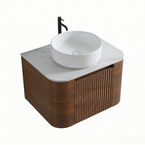 English Elm Erba 24 Inch Fluted Wall Mounted Vanity with Ceramic Sink and Soft Close Drawer Walnut W1865S00281