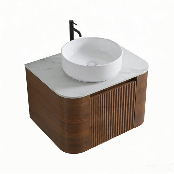 English Elm Erba 24 Inch Fluted Wall Mounted Vanity with Ceramic Sink and Soft Close Drawer Walnut W1865S00281