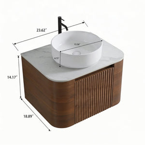 English Elm Erba 24 Inch Fluted Wall Mounted Vanity with Ceramic Sink and Soft Close Drawer Walnut W1865S00281