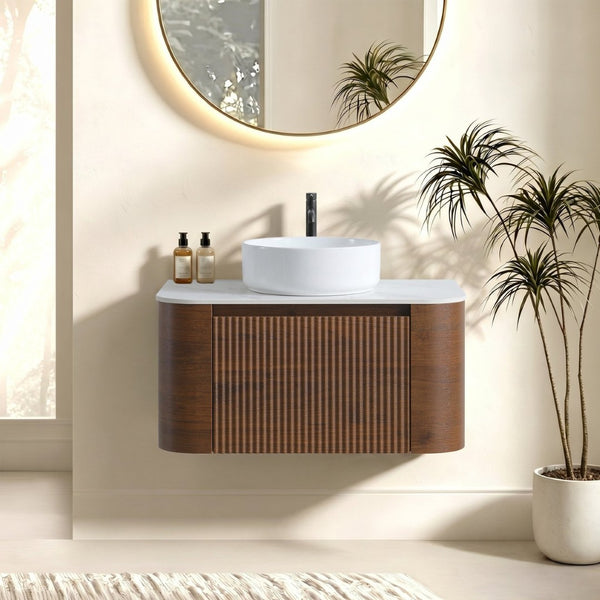 English Elm Erba 30 Inch Fluted Wall Mount Bathroom Vanity with Ceramic Sink and Towel Rack Walnut W1865S00282