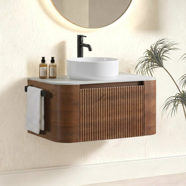 English Elm Erba 30 Inch Fluted Wall Mount Bathroom Vanity with Ceramic Sink and Towel Rack Walnut W1865S00282