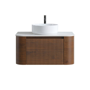 English Elm Erba 30 Inch Fluted Wall Mount Bathroom Vanity with Ceramic Sink and Towel Rack Walnut W1865S00282