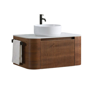 English Elm Erba 30 Inch Fluted Wall Mount Bathroom Vanity with Ceramic Sink and Towel Rack Walnut W1865S00282