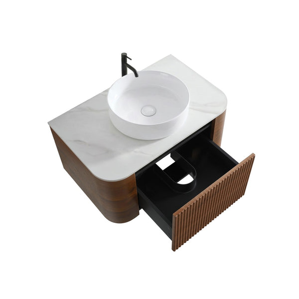 English Elm Erba 30 Inch Fluted Wall Mount Bathroom Vanity with Ceramic Sink and Towel Rack Walnut W1865S00282