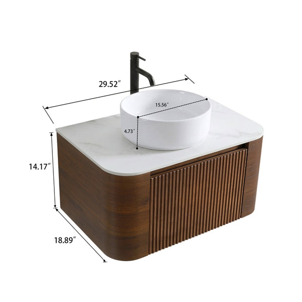 English Elm Erba 30 Inch Fluted Wall Mount Bathroom Vanity with Ceramic Sink and Towel Rack Walnut W1865S00282