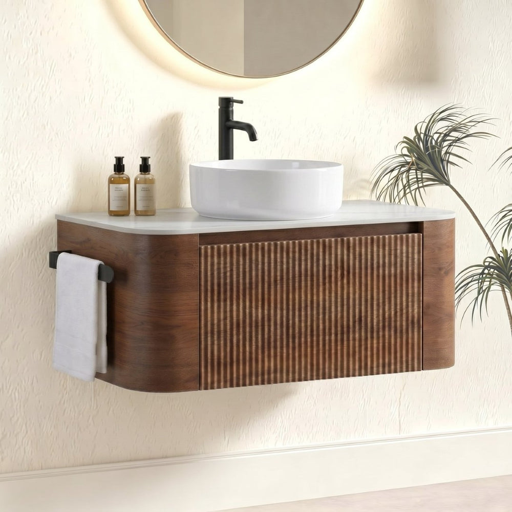 English Elm Erba 36 Inch Fluted Wall Mount Bathroom Vanity with Ceramic Sink and Towel Rack Walnut W1865S00283