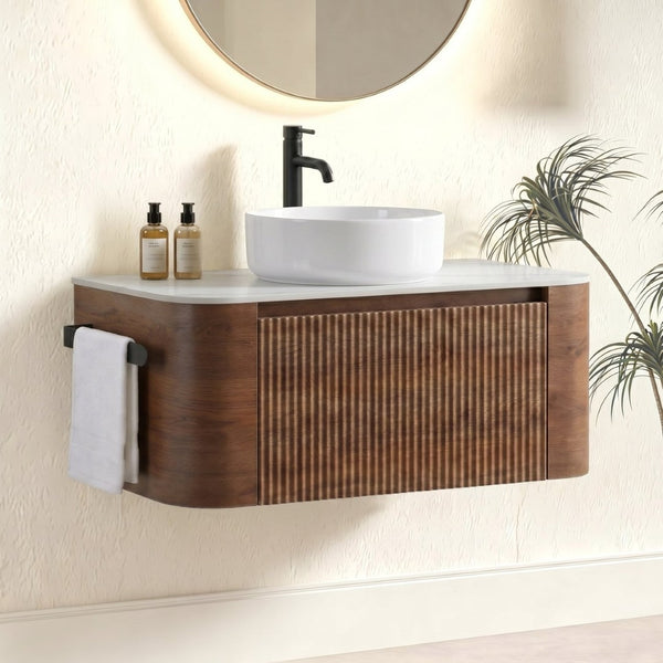 English Elm Erba 36 Inch Fluted Wall Mount Bathroom Vanity with Ceramic Sink and Towel Rack Walnut W1865S00283