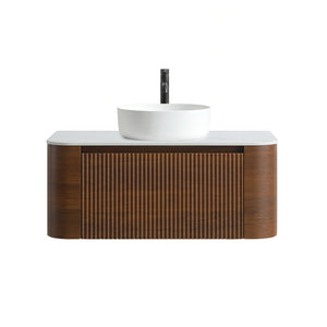 English Elm Erba 36 Inch Fluted Wall Mount Bathroom Vanity with Ceramic Sink and Towel Rack Walnut W1865S00283