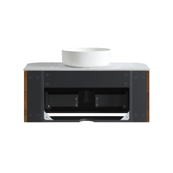 English Elm Erba 36 Inch Fluted Wall Mount Bathroom Vanity with Ceramic Sink and Towel Rack Walnut W1865S00283