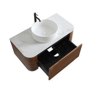 English Elm Erba 36 Inch Fluted Wall Mount Bathroom Vanity with Ceramic Sink and Towel Rack Walnut W1865S00283
