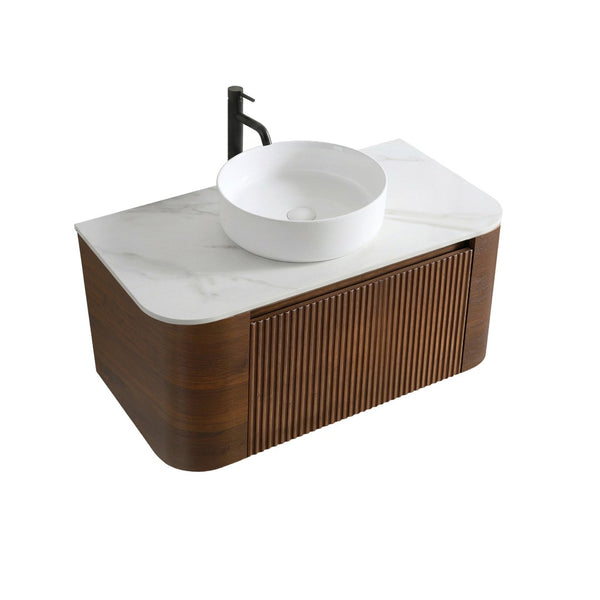 English Elm Erba 36 Inch Fluted Wall Mount Bathroom Vanity with Ceramic Sink and Towel Rack Walnut W1865S00283