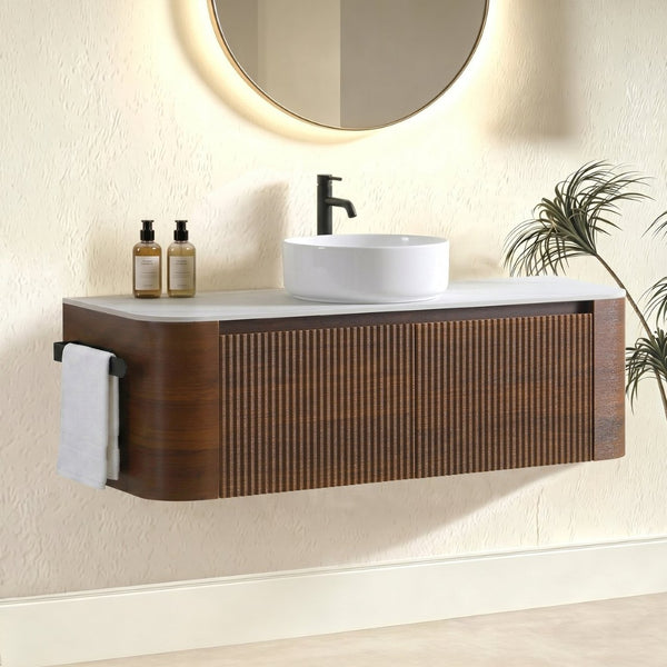 English Elm Erba Fluted Wall Mounted Bathroom Vanity with Ceramic Sink and Soft Close Drawer Walnut W1865S00284