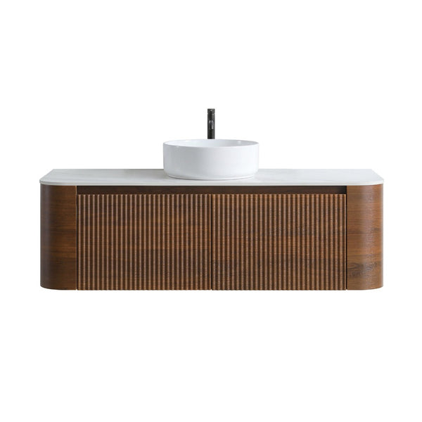 English Elm Erba Fluted Wall Mounted Bathroom Vanity with Ceramic Sink and Soft Close Drawer Walnut W1865S00284