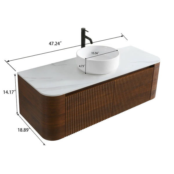 English Elm Erba Fluted Wall Mounted Bathroom Vanity with Ceramic Sink and Soft Close Drawer Walnut W1865S00284