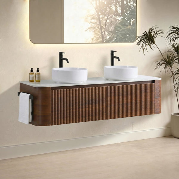 English Elm Erba 60 Inch Fluted Double Sink Vanity Sintered Stone Top Soft Close Drawers Walnut W1865S00285