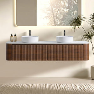 English Elm Erba 72 Inch Double Sink Bathroom Vanity Fluted Spa Design with Ceramic Basins Walnut W1865S00286