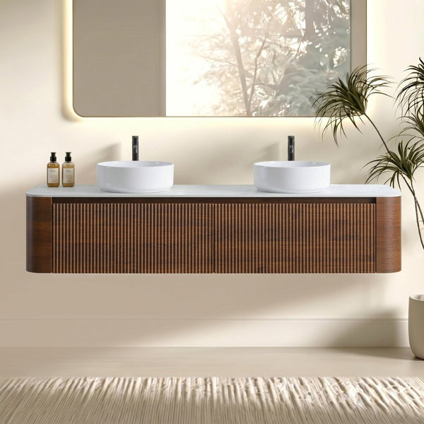 English Elm Erba 72 Inch Double Sink Bathroom Vanity Fluted Spa Design with Ceramic Basins Walnut W1865S00286