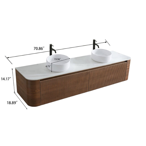 English Elm Erba 72 Inch Double Sink Bathroom Vanity Fluted Spa Design with Ceramic Basins Walnut W1865S00286