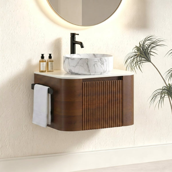 English Elm Erba 24 Inch Wall Mounted Vanity Fluted Cabinet with Ceramic Basin Spa Bathroom Walnut W1865S00287