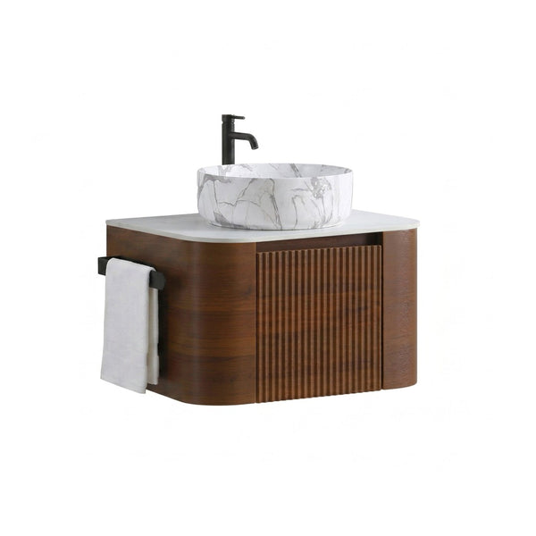 English Elm Erba 24 Inch Wall Mounted Vanity Fluted Cabinet with Ceramic Basin Spa Bathroom Walnut W1865S00287