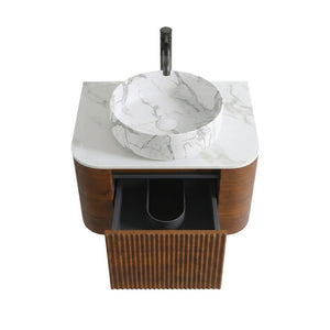 English Elm Erba 24 Inch Wall Mounted Vanity Fluted Cabinet with Ceramic Basin Spa Bathroom Walnut W1865S00287