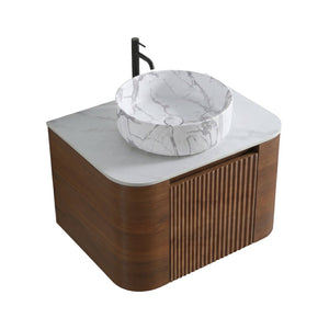 English Elm Erba 24 Inch Wall Mounted Vanity Fluted Cabinet with Ceramic Basin Spa Bathroom Walnut W1865S00287