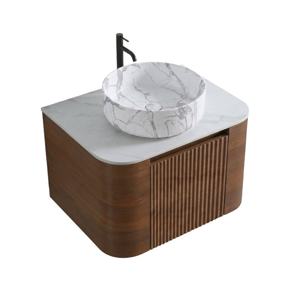 English Elm Erba 24 Inch Wall Mounted Vanity Fluted Cabinet with Ceramic Basin Spa Bathroom Walnut W1865S00287