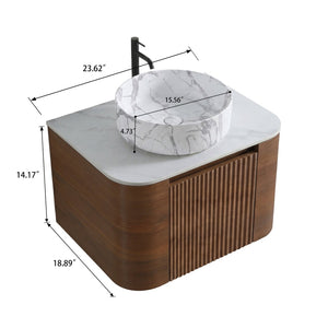 English Elm Erba 24 Inch Wall Mounted Vanity Fluted Cabinet with Ceramic Basin Spa Bathroom Walnut W1865S00287