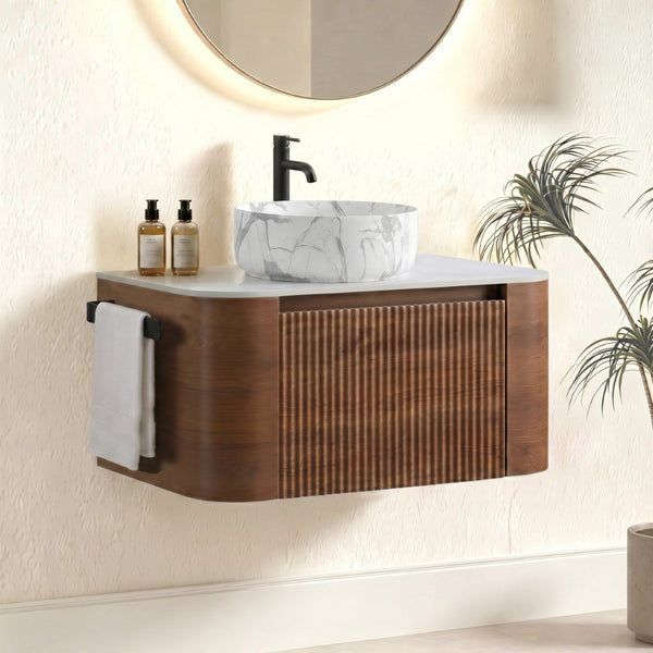 English Elm Erba 30 Inch Fluted Wall Mount Bathroom Vanity with Ceramic Basin and Towel Rack Walnut W1865S00288