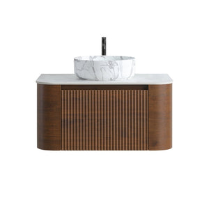 English Elm Erba 30 Inch Fluted Wall Mount Bathroom Vanity with Ceramic Basin and Towel Rack Walnut W1865S00288