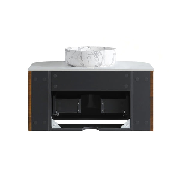 English Elm Erba 30 Inch Fluted Wall Mount Bathroom Vanity with Ceramic Basin and Towel Rack Walnut W1865S00288
