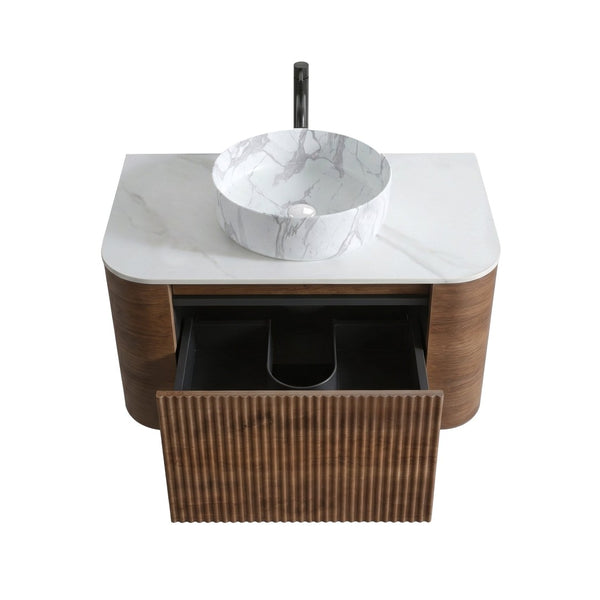 English Elm Erba 30 Inch Fluted Wall Mount Bathroom Vanity with Ceramic Basin and Towel Rack Walnut W1865S00288
