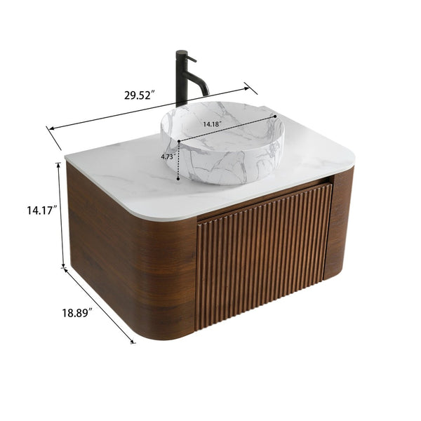 English Elm Erba 30 Inch Fluted Wall Mount Bathroom Vanity with Ceramic Basin and Towel Rack Walnut W1865S00288