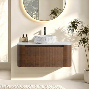 English Elm Erba 36 Inch Fluted Bathroom Vanity with Carrara Ceramic Basin and Towel Rack Walnut W1865S00289