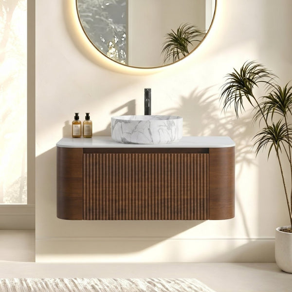 English Elm Erba 36 Inch Fluted Bathroom Vanity with Carrara Ceramic Basin and Towel Rack Walnut W1865S00289