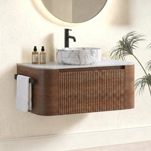 English Elm Erba 36 Inch Fluted Bathroom Vanity with Carrara Ceramic Basin and Towel Rack Walnut W1865S00289